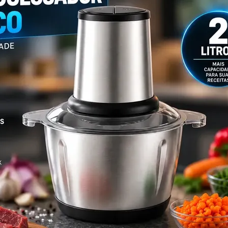 Multiprocessador Elétrico 2L 400W Inox Triturador Moedor Picador de Alimentos para Carne Legumes Alho Temperos Cozinha Hardline