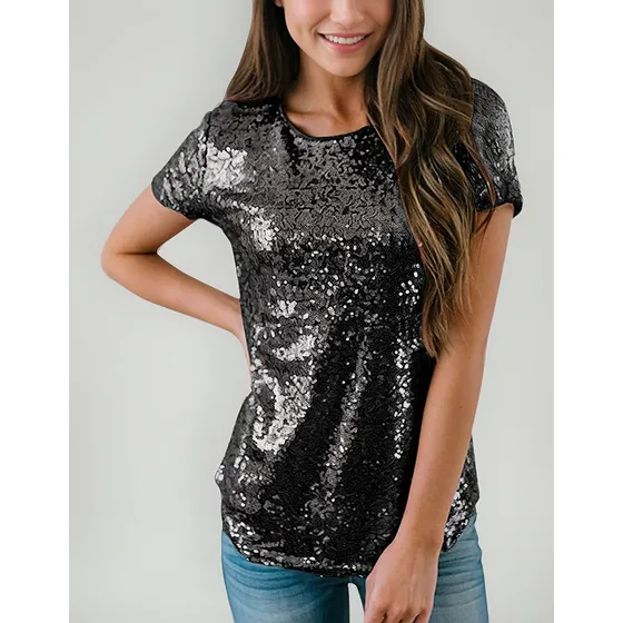 Camisetas De Manga Corta Para Mujer, Túnica De Lentejuelas P