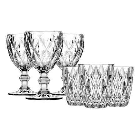 Kit Taças E Copos Diamond Vidro 12 Peças Luxo Transparente Transparente