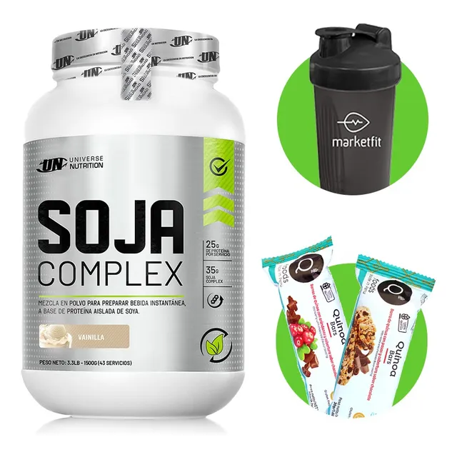 Proteina Soja Complex 1.5kg Vainilla Un + Shaker + 02 Snacks