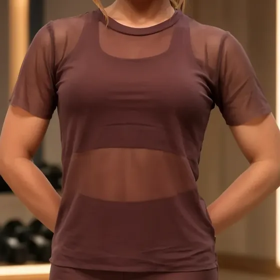 Blusa Manga Curta Tule Transparente Fitness Academia Dry Fit