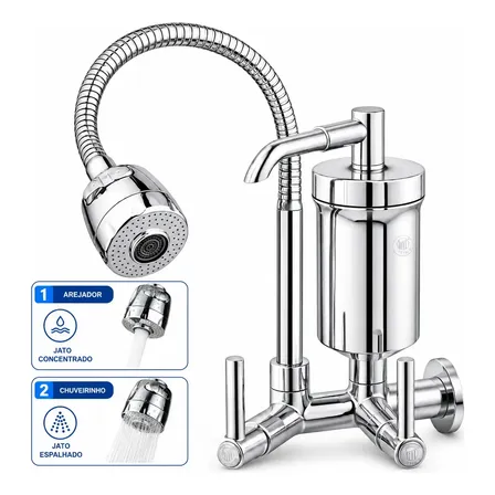 Torneira De Cozinha Com Filtro Gourmet Flexível 2 Jatos Forte Lar Metais 1/4v Prateado Parede Brilhante
