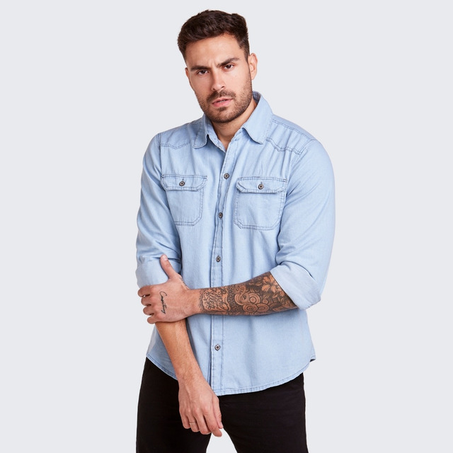Camisa Social Masculina Jeans Manga Longa Long Fit Slim Luxo Camisa Social Masculina Jeans Manga Longa Long Fit Slim Luxo