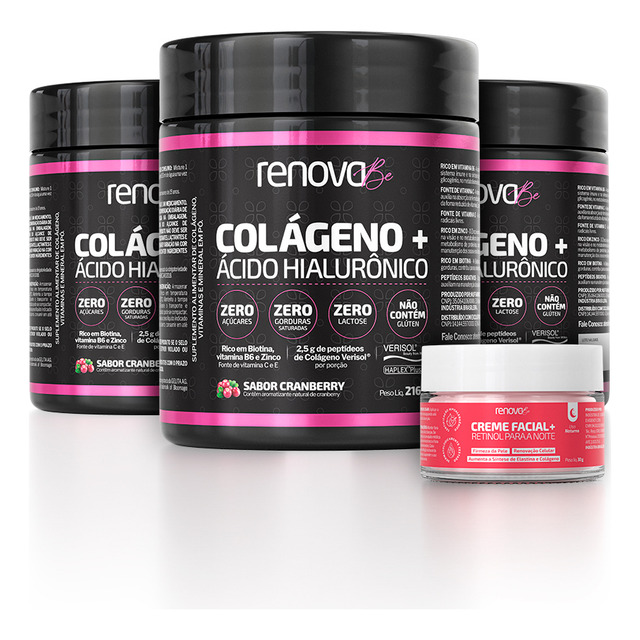 3 Potes Colágeno Verisol Renova Be + 1 Creme Facial Retinol Para Noite - Sabor Cranberry 3 Potes Colágeno Verisol Renova Be + 1 Creme Facial Retinol Para Noite - Sabor Cranberry