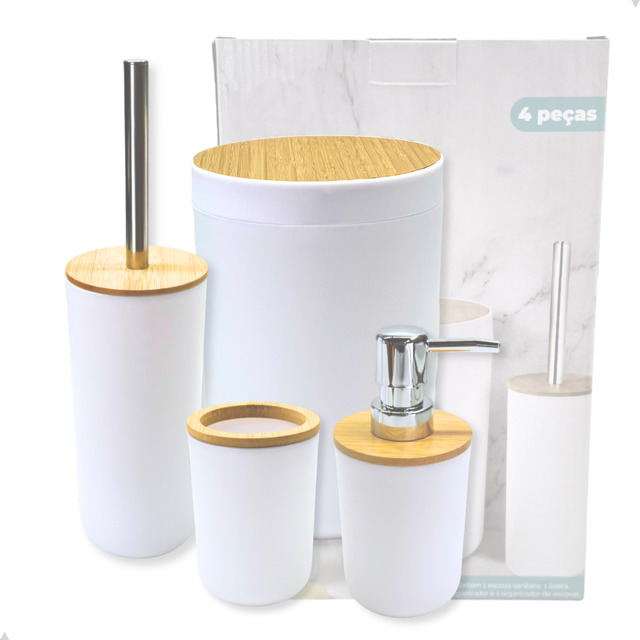 Kit Banheiro Lixeira Porta Escova 4 Peças Tampa Bambu Cores Kit Banheiro Lixeira Porta Escova 4 Peças Tampa Bambu Cores
