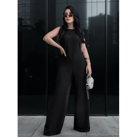 Macacão Feminino Regata Viscolinho Liso Elegante Com Zíper