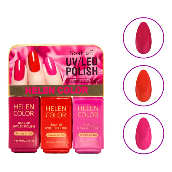 Kit Esmalte Helen Color Em Gel 3 Cores 21ml Uv/led Manicure