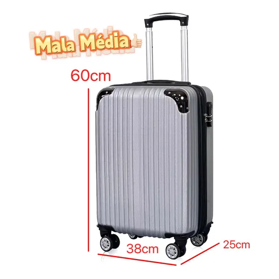 Mala De Viagem Média 60x38x25 Abs Rodinhas 360 Removíveis Com Zíper Expansível Resistente Cor Prateado M260 Ygm Malas