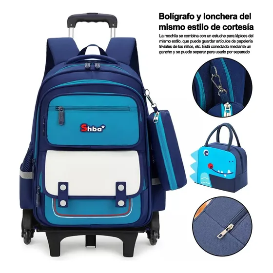 Mochila De Carrito Sobre Rodillos Mochilas Escolares 3 Piezascon Lonchera Y Estucheadecuado Para Estudiantes De Primaria, De 3 A 6 Años, Impermeable Color Azul Diseño De La Tela Blue