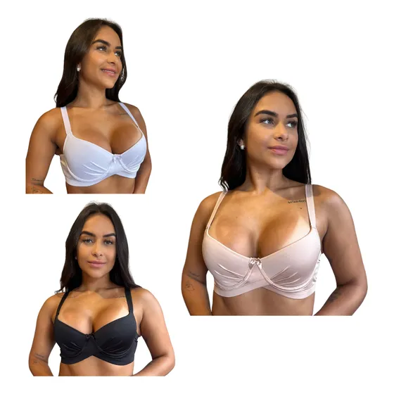 Kit 3 Sutiãs Plus Size Com Bojo Confort Sustentação Push Up