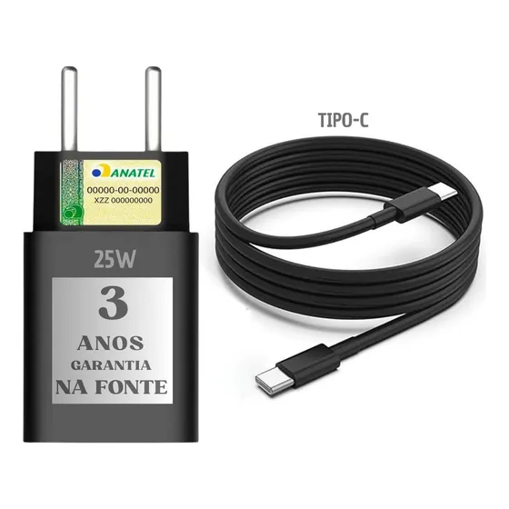 Carregador Turbo Tipo C 25W Para Samsung Motorola Xiaomi LG Apple iPhone 15 16 - Pd - Com Cabo Blindado Premium - Certificado Anatel - Fabricado No Brasil