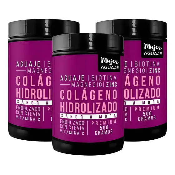Colágeno Hidrolizado Mujer Aguaje Pack 3 Pomos 500g Sabor Mora con Stevia | Cuotas sin interés