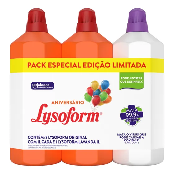 Desinfetante Lysoform Líquido Original 2 Unidades Fragrância Original e 1 Unidade Lavanda 1L Cada - Edição Limitada