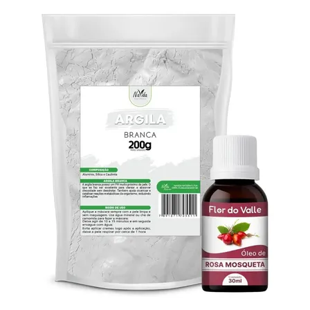 Argila Branca 200g + Óleo Rosa Mosqueta 30ml - Clareador