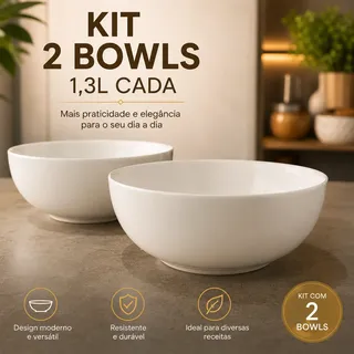 Kako Imports Kit 2 Bowls Tigela Cerâmica 1,3l Branco Salada Sopa Poke