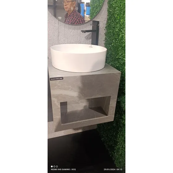 Lavamanos Piedra Sinterizada Blanco Con Gris Y Espejo