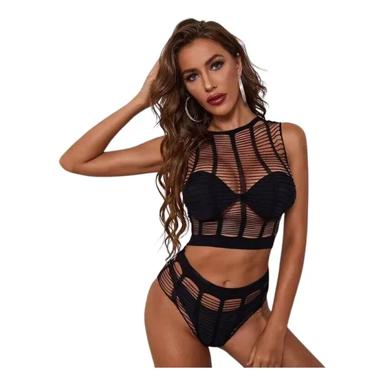 Conjunto Lencería Femenina Brasier Bralett Panty Malla Body