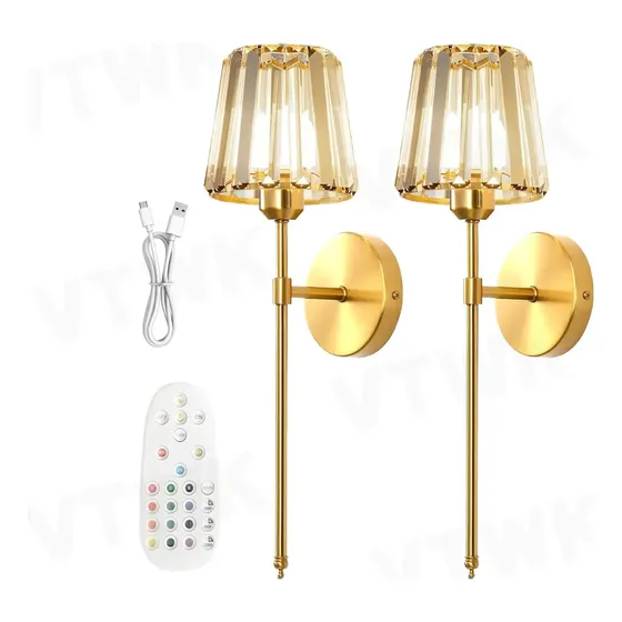 Arandelas Led Dourado Cristal Recarregável Remoto Kit 2