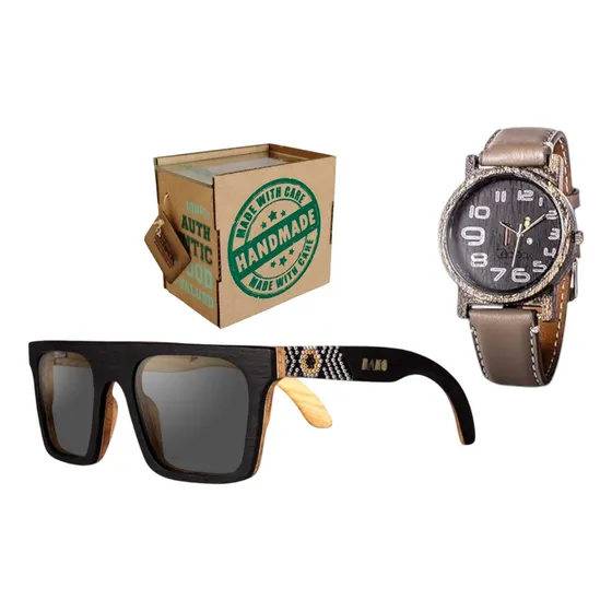 Combo Kit Reloj Lentes Sol Regalo Madera Moda Artesanal