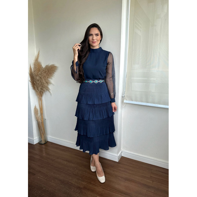 Saia Plissada Babados Social Cos Alto 4 Camadas Da Moda Azul-marinho Lisa Gg