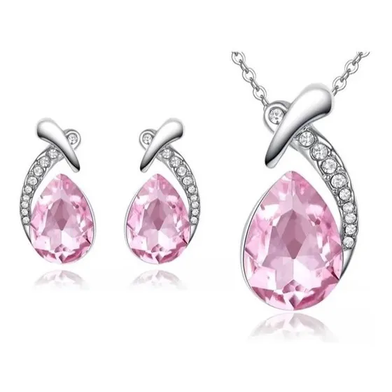 Conjunto De Colar E Brincos Prata Zircônia Rosa Presente Cor Rosa-claro