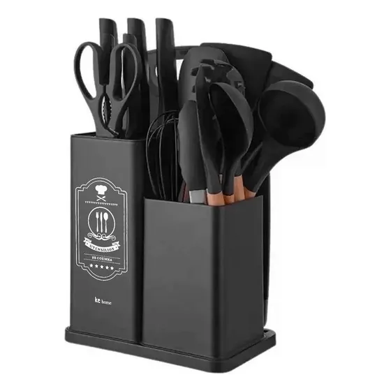 Kit 19 Utensílios Silicone De Cozinha Facas Tabua De Cortar Escumadeira - Loja Gudeltec