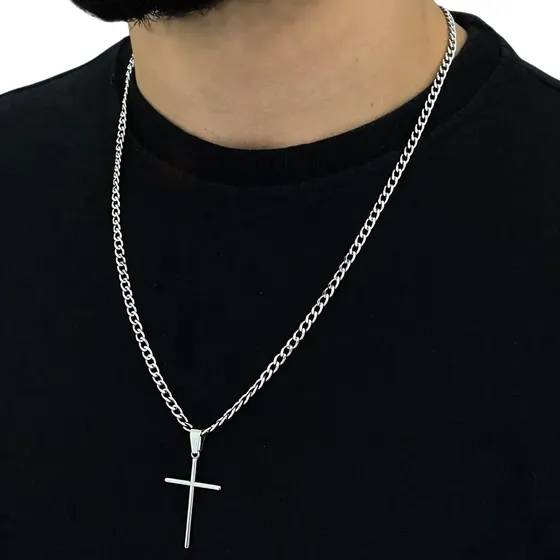 Corrente Cordão Masculino Grumet Aço Inox Cruz Crucifixo Colar Correntinha Masculina Para Presente C