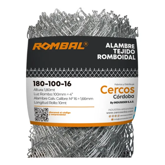 Tejido Romboidal 1,80 Mts - Rombo 4'' (100mm) - Calibre 16 (1,66mm) X 10 Mts