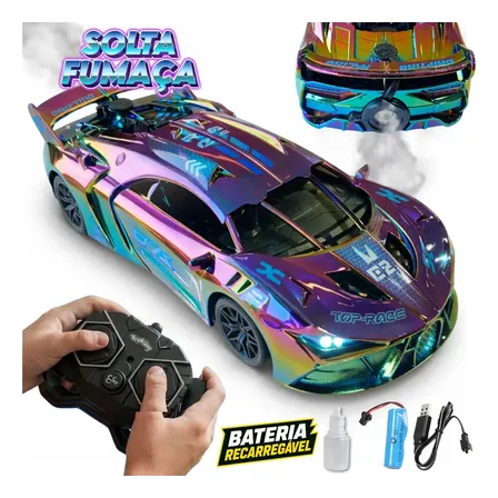 Carrinho Controle Remoto Recarregável Grande Solta Fumaça Luzes Farol Esportivo Cor Metalizado Led Drift Hyper Atacarejo Kids