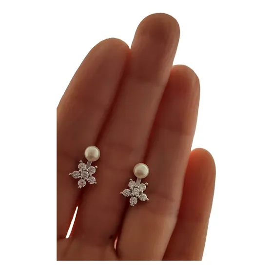 Nuevos Aros Mujer Plata 925 Flor Con Perla Y Cubic X Local
