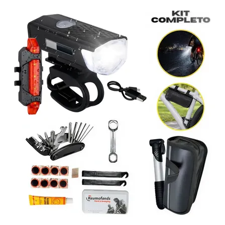 Kit Bike Farol Lanterna Recarregável Bicicleta Frontal Traseiro A Prova D'água + Estojo Kit Ferramentas Bicicleta Acessórios Bolsa Quadro Bike Com Reparo Pneu Bomba De Ar Remendo Chaves