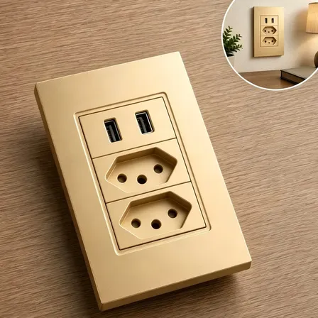 Tomada Dupla Usb Eletro Mex Espelho Parede Universal Duas portas USB 4x2 ABS 10A Embutir Dourado