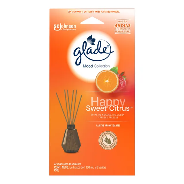 Aromatizante Glade Varitas Mood Collection Happy Sweet Citrus Frasco 100 ml y 6 Varitas