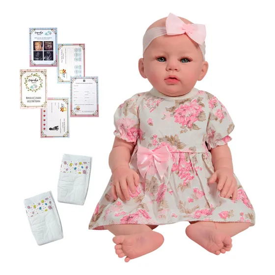 Boneca Reborn Abigail Careca 48cm Vestido Florido + Itens