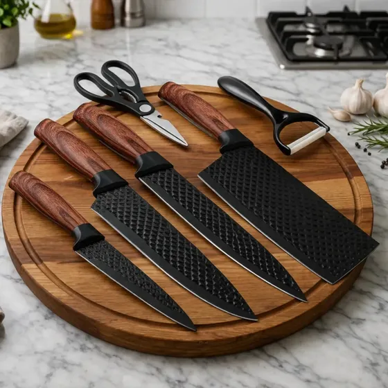 Jogo de Facas Kit 6 Peças Preto Conjunto Churrasco Cabo em Madeira Premium Corte Preciso Acabamento AQUATTRO