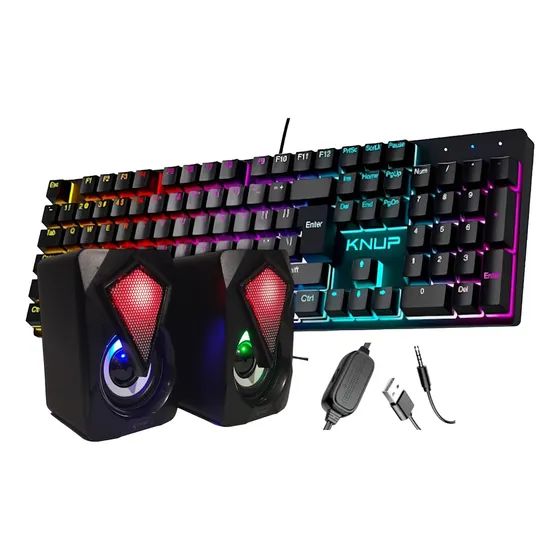 Kit Teclado Mecânico Gamer E Caixa De Som 6w P2 Usb Led Rgb