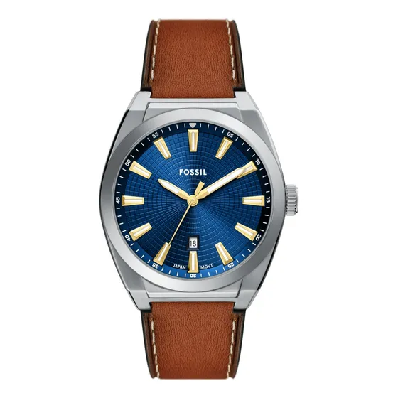 Reloj Caballero Fossil Fs6115 De Piel Marrón Bisel Plateado Fondo Azul