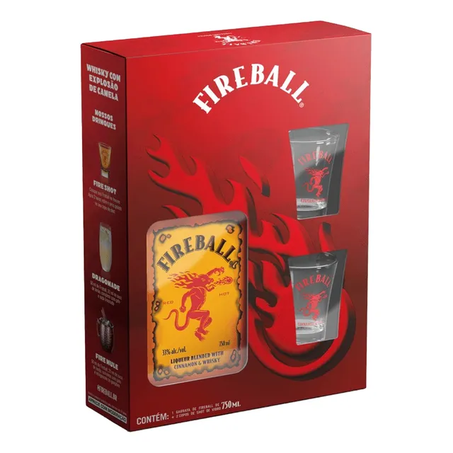 Whisky Fireball Com Licor De Canela 750ml + 2 Copos Shot