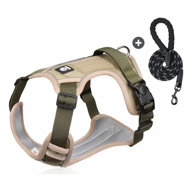 Kit Peitoral E Guia Cachorro Refletivo Ajustavel Com Alca Cáqui Peito 46-65 Cm M Caqui Colete-corda
