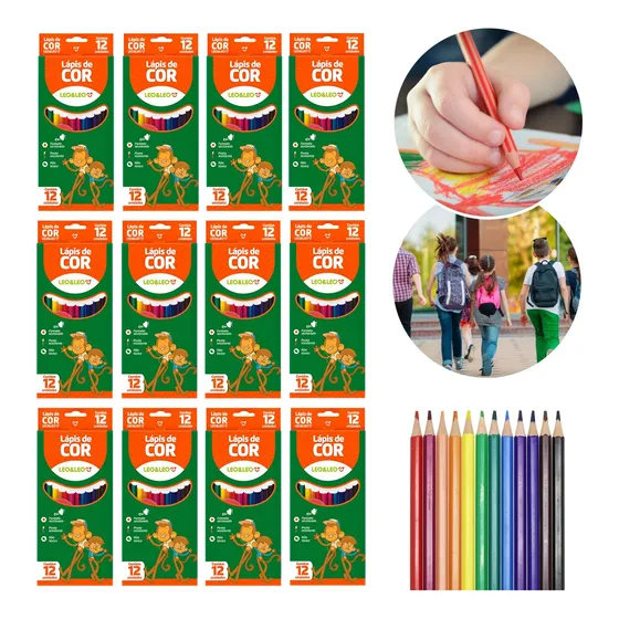 Kit 12 Caixas Lapis De Cor 12 Cores Pacote Atacado Escolar