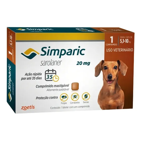 Antiparasitário Zoetis Simparic Cães 5.1 A 10kg 20mg 1 Comprimido