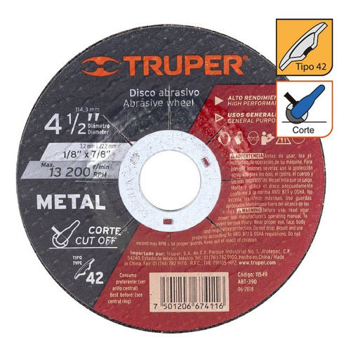 Disco Corte Metal Tipo 42 Diámetro 4-1/2'' Truper 11549 Color Gris