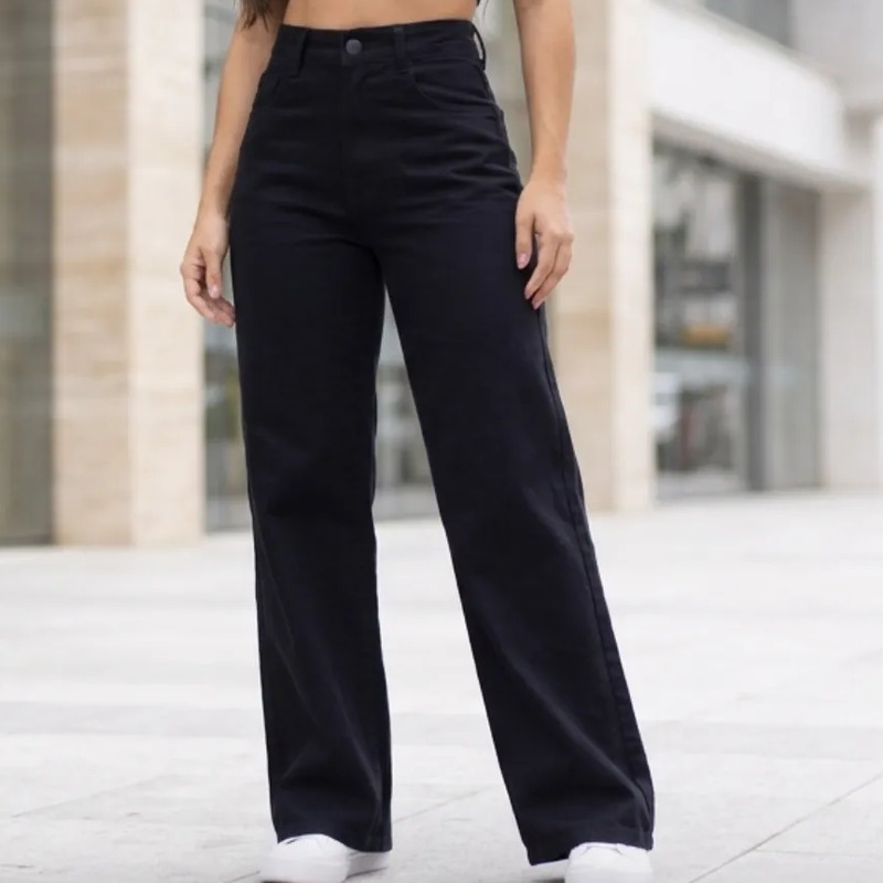 Calça Pantalona Wide Leg Jeans Cintura Alta Feminina Preto