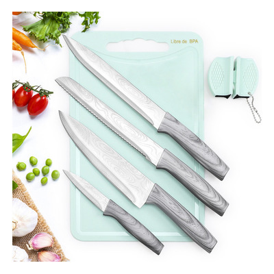 Set De Cuchillos De Cocina Profesional Con Tabla Para Cortar Color Plateado