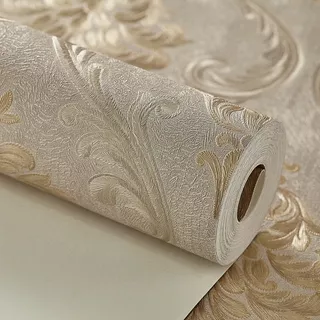 Papel De Parede Vinílico Cinza Arabesco Dourado Acetinado