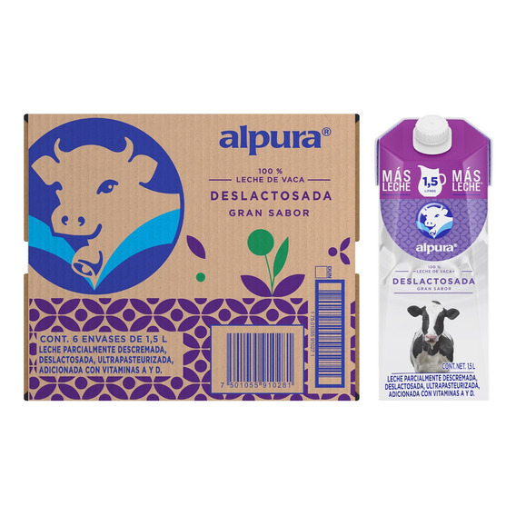 Pack X6 Cajas De Leche Deslactosada Alpura De 1.5 Litros C/u