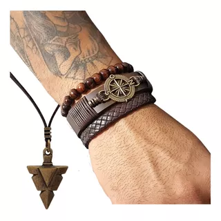 Colar Masculino Cordão Duplo + Pulseiras Masculinas Bússola