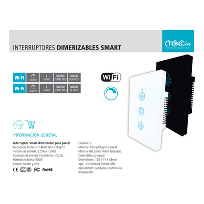 Interruptor Smart Dimerizable Negro Tapa Vidrio Tbcin