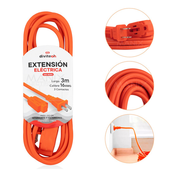 Extensión Eléctrica Uso Rudo Multicontacto 3 Metros Cable De Cobre Cal.16 Awg. Divitech® Color Naranja 3 Tomas De Corriente