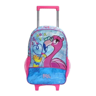 Kit Mochila Infantil Escolar Meninas Flamingo Rodinhas G 